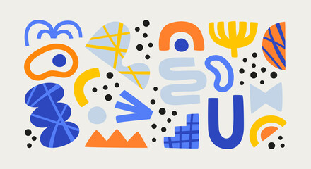 Set of colorful abstract shape doodle. Creative collage shapes collection. Random drawing, geometric art on isolated background. Modern contemporary illustration cartoon bundle.