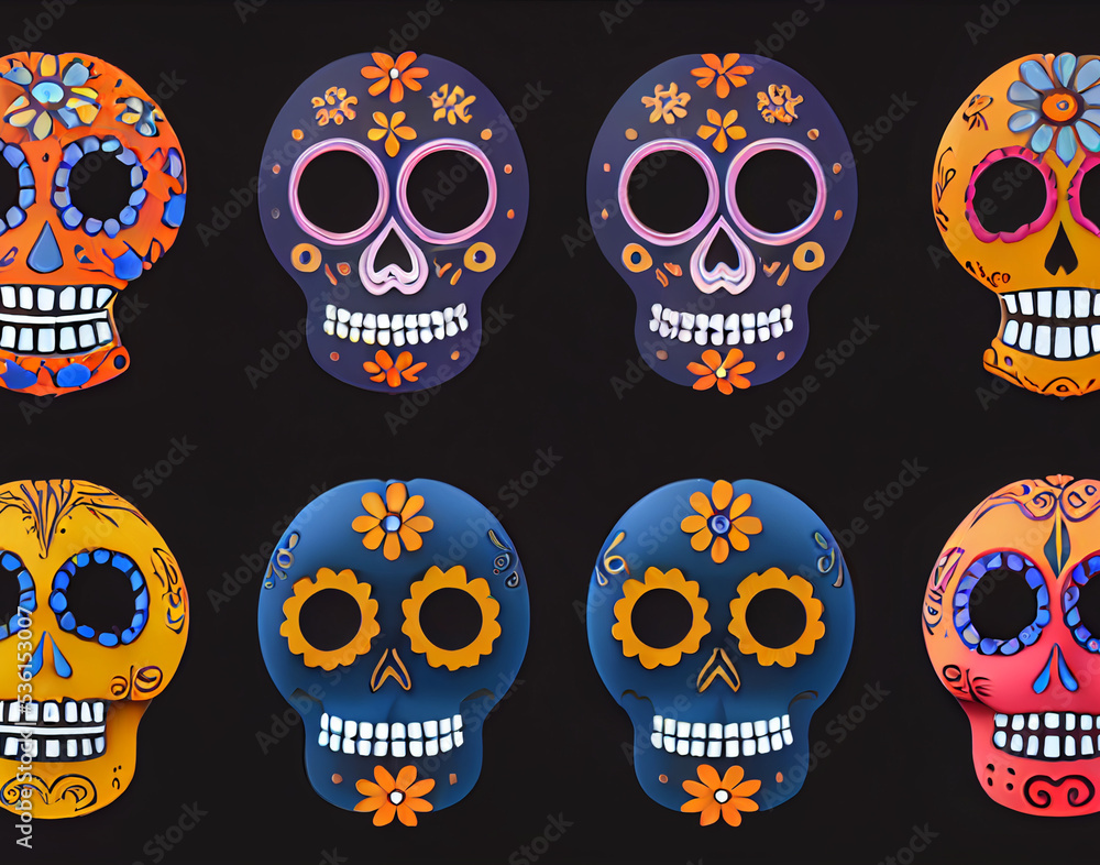 Wall mural Illustration of halloween pumpkins in style of dia de los muertos