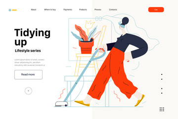 Lifestyle web template - Tidying up, housekeeping - modern flat vector illustration of a woman cleaning the floor with a vacuum cleaner. People activities concept