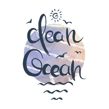 Clean Ocean. Ink lettering art. Hand drawn lettering phrase. Modern brush calligraphy card. Illustration isolated on white background