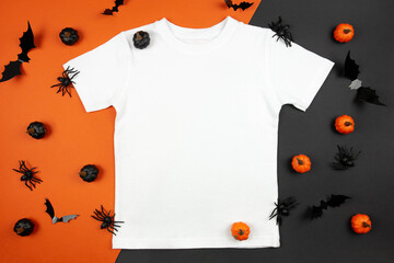 White womens cotton t-shirt halloween mockup with pumpkins, spiders and bats on black orange...