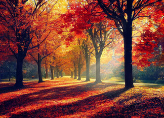 Golden autumn in the park with magnificent colours on a bright sunny day. 3D illustration