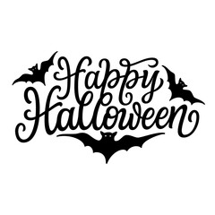 Obraz premium Happy Halloween. Hand lettering text with bat silhouettes isolated on white background. Vector Halloween typography for posters, banners, cards, t shirts