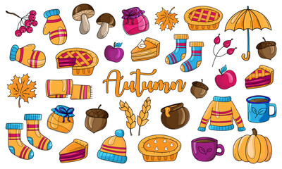 Autumn forest and garden collection. Fall season design elements in cartoon style. Pumpkin, mushroom, pie, clothing. Vector illustration on white.