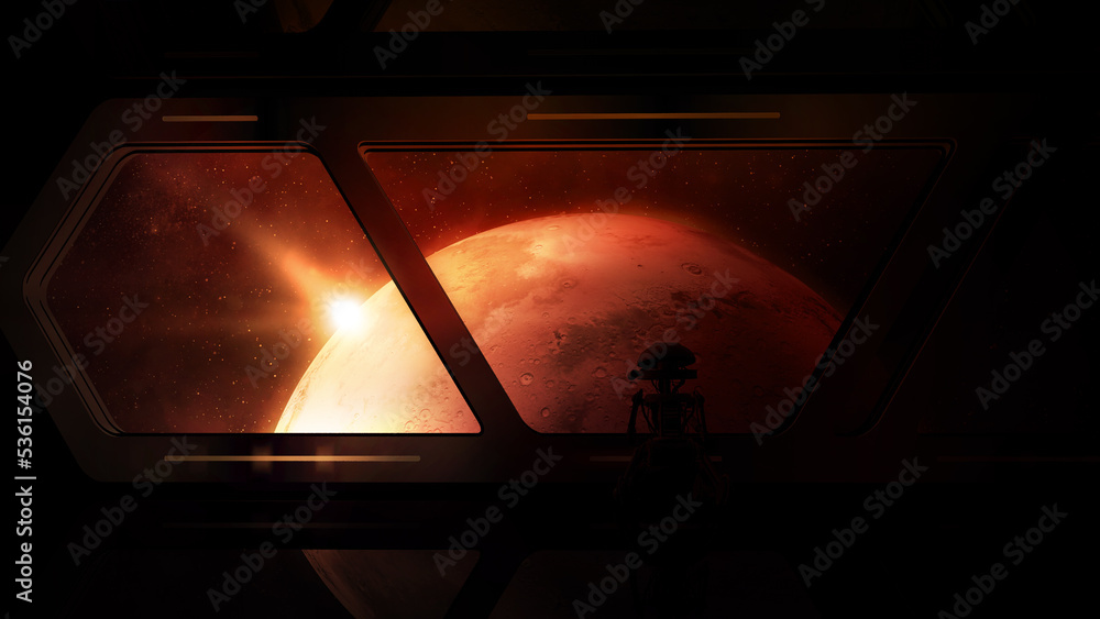Poster view of mars from a spacecraft with a droid on board.