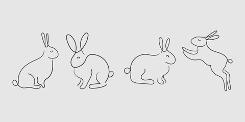 Bunny set in simple one line style. Rabbit icon. Symbol of 2023 new year. Black minimal concept vector illustration. Grey background