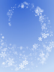 Tiny heavy snow flakes design. Snowstorm dust ice granules. Snowfall sky white blue composition. Soft snowflakes december theme. Snow hurricane landscape.