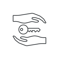 Key transfer icon. A simple linear image of two hands and a key between them. Isolated vector on a white background.