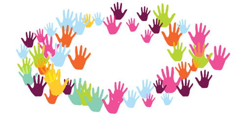 Fototapeta premium Creative kids handprints art therapy concept background design.