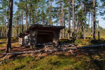 Leikkistenkangas traditional wooden Lean-To shelter and campfire site in Lauhanvuori National Park,...