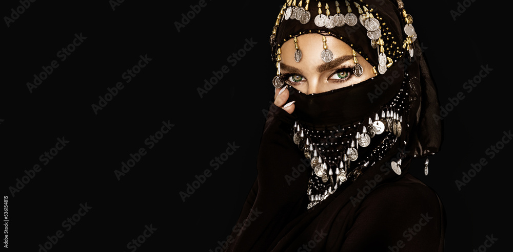 Wall mural portrait of an arabian princess. beautiful arabian woman portrait on white background. young hindu w