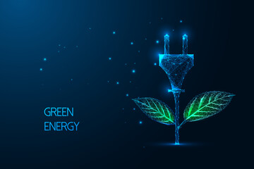 Concept of renewable, sustainable energy with futuristic plant and electric plug as flower on blue
