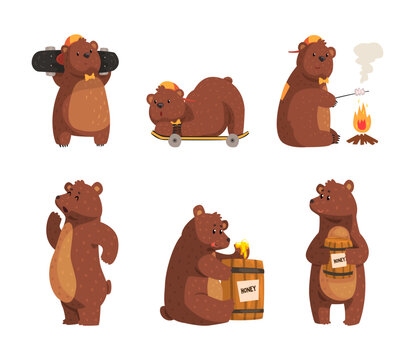 Funny Brown Bear Character in Baseball Cap with Bow Tie on Skateboard and with Honey Barrel Vector Set