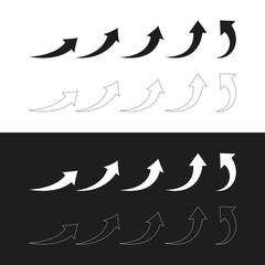 Vector Line and Solid Arrow up icons. Set of curve rise increase arrows. The growth pictogram was isolated. Vector illustration of a black and white background
