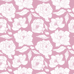 Pink floral background. Peony silhouette. Floral seamless vector pattern. White flowers on a pink background. Beauty. Aroma.