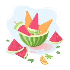 Watermelon ice cream on a stick. Juicy fruits. Sweet dessert. Vector illustration