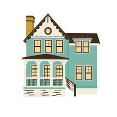 Cute hand drawn little country house with door, windows. Two stored home. Doodle village cottage. Colored flat vector illustration isolated on white background