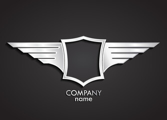 3d winged shield silver metal logo