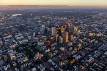 Aerial image of sunrise on downtown Denver Colorado from a Cessna 182.