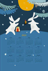 Calendar vector template for year 2023 with hand drawn funny Rabbits symbol 2023