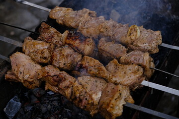 a man roasts meat on a fire. Close-up of hands and shish kebab. Cooking pork neck on the grill. Roasted carrots. Fatty food, festive food of the CIS countries. May 1, labor day. Not vegan food	