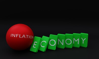 a 3D illustration, red ball with the word inflation, hitting falling chips, concept of economic fall, inflation black background, 3D rendering.