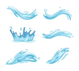 Blue Water Splashes with Drops and Moving Fluid or Liquid Vector Set