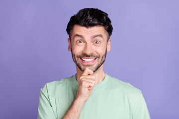 Close up photo of impressed cool man arm touch face beaming smile interesting plan project isolated on purple color background