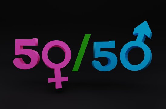 3D illustration, gender equality, concept of equality between men and women, black background, 3D rendering.