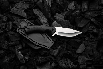 Modern knife with silver blade. Hunting, military knife on smoldering charcoal. Black back.