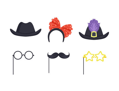 Masquerade Party Costume Accessory with Mustache, Hat and Glasses on Pole Vector Set