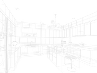 abstract sketch design of kitchen room ,3d rendering