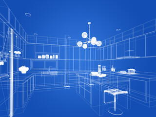 abstract sketch design of kitchen room ,3d rendering