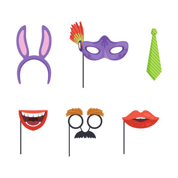 Masquerade Party Costume Accessory with Mustache, Tie and Glasses on Pole Vector Set