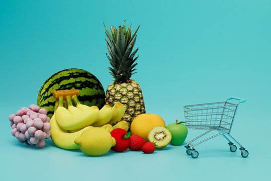 buying fruit in the supermarket. A large number of fruits near the food cart. 3D render