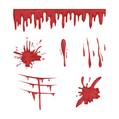 Blood Drip and Red Bloody Splatter Spots and Bleeding Traces Vector Set