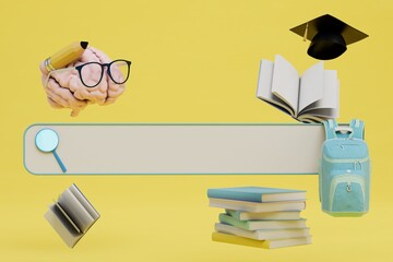 search for information on studies. browser search bar around which brain, master's cap, books, backpack. 3D render