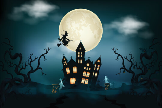 Halloween scenes with the silhouette of a castle a glowing moon and dead trees illustration.