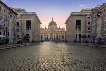 Long Exposition Shot of Via della Conciliazione in front of Piazza San pietro in the Centre of Rome at Sunset