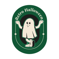 Flat vector illustration with a retro 70s character. Spooky funny ghost. Concept of groovy halloween sticker.