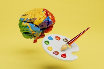 coloring different parts of the brain. painted brain and a palette of paints with a brush. 3D render