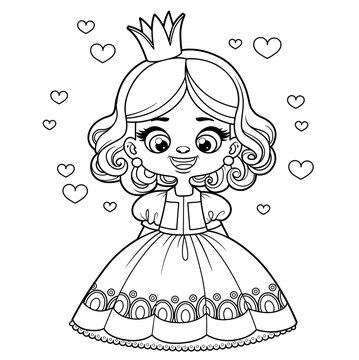 Cute cartoon curly haired girl in a princess dress outlined for coloring page on white background