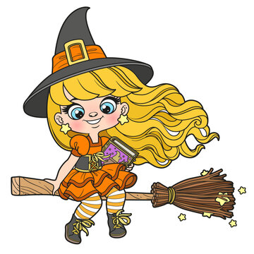 Cute cartoon long haired girl in Halloween witch dress with spells book flies on a broomstick color variation for coloring page on white background