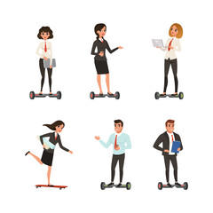 Business People Characters Riding Transport Like Hoverboard and Skateboard Vector Set