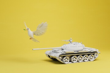 a battle tank and a white peace dove on a yellow background. 3D render