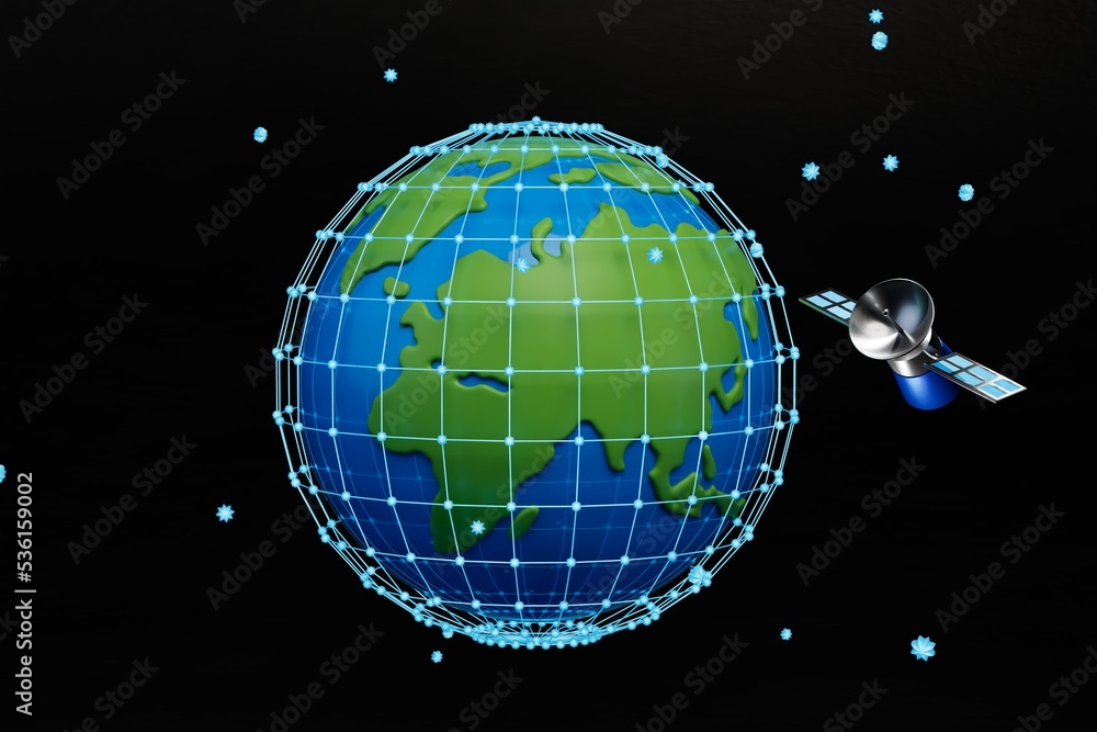 Poster satellite transmitting the Wi-Fi signal. planet and points of reception of Wi-Fi signal from the satellite. 3D render