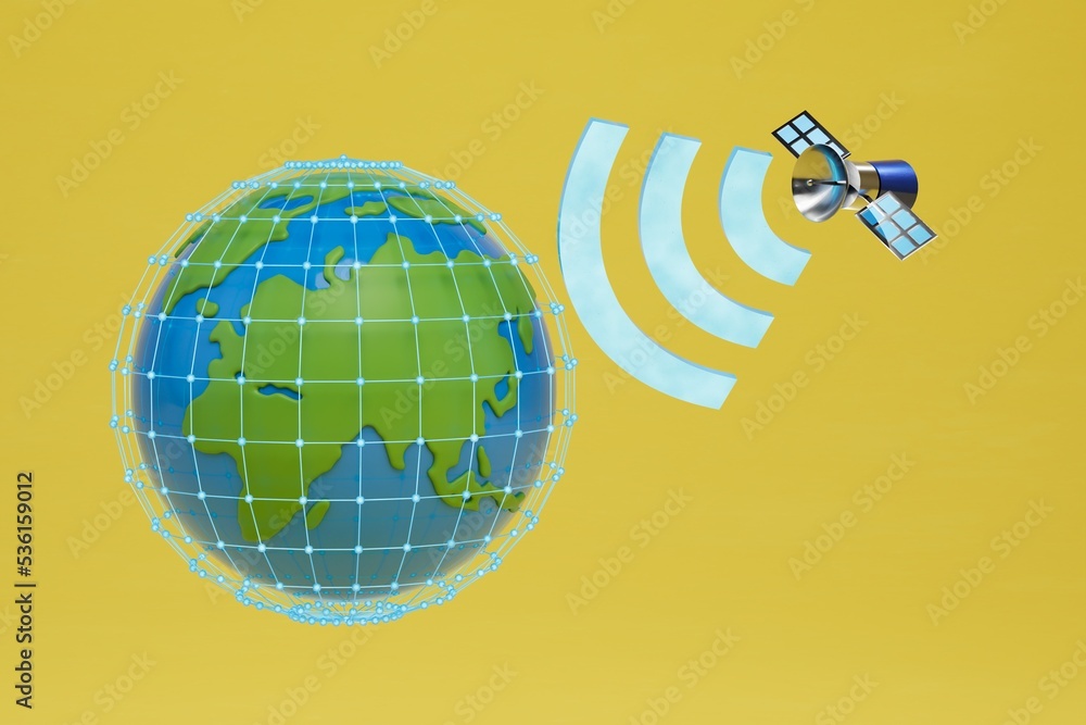 Poster wi-fi coating points on the planet. satellite transmitting a wi-fi signal on a yellow background. 3d