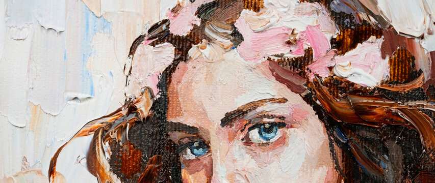 Portrait of a young, dreamy girl with curly brown hair on a mysterious abstract background. The painting is created in oil with expressive brush strokes.