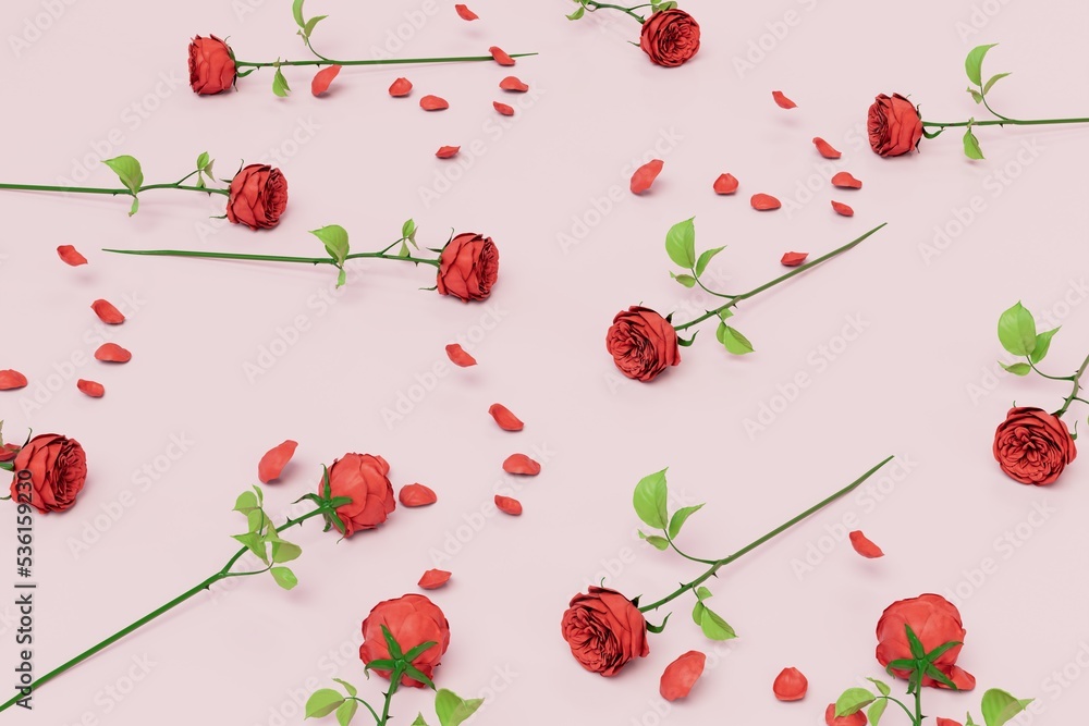 Poster abstract background consisting of patterns of red roses with crumbling petals on a pastel background