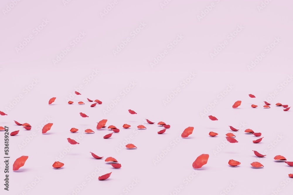 Poster an abstract background consisting of patterns of red rose petals on a pastel background. copy paste. 3D render